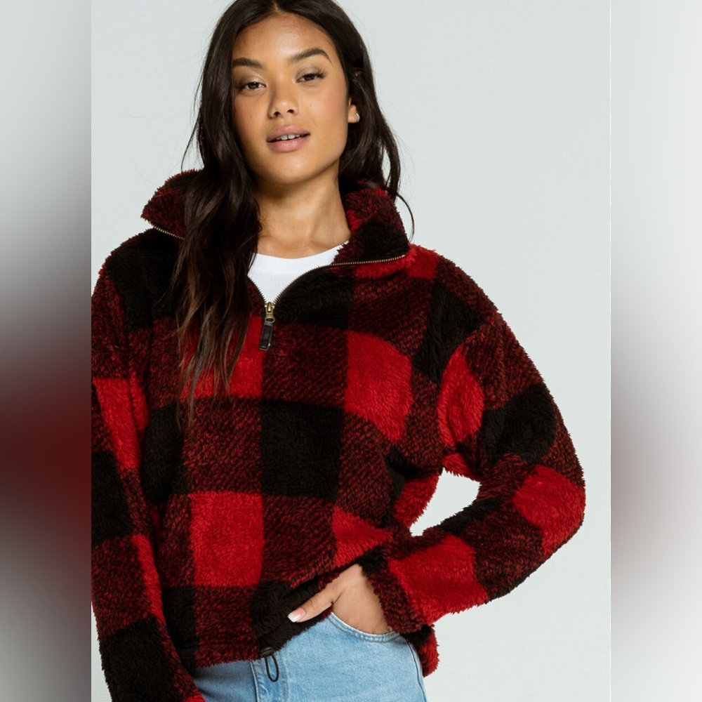 [Love Tree] Buffalo Plaid Sherpa Red/Black 1/4 Zip Pullover Sweater Women’s XL - Picture 2 of 10